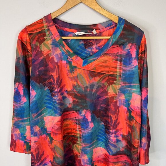 Soft Surroundings Breezy Bloom Tropical Tunic Women's Medium 3/4 Sleeve V-Neck - Picture 2 of 14